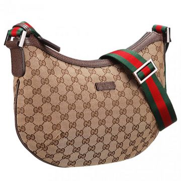High Quality Gucci Curved-in Top Ladies Brown Leather & Original Canvas Messenger Bag Beige 