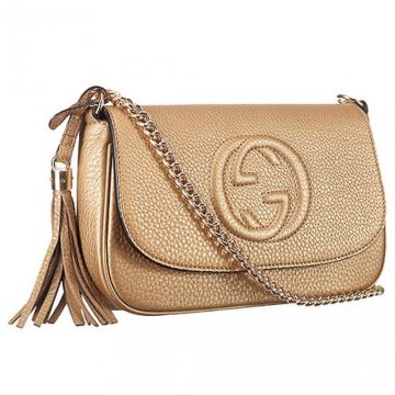 Medium Gucci Soho Leather Tassel Golden-toned Chain Strap Ladies Textured-leather Flap Shoulder Bag Gold 