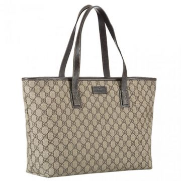Gucci GG Supreme Slim Arm-carry Strap Brass Zipper Top Ladies Brown Leather & Canvas Tote Bag 