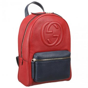 Gucci Soho Chain Strap Hibiscus Red Leather Backpack Blue Front Zipper Pocket New Arrival Lady