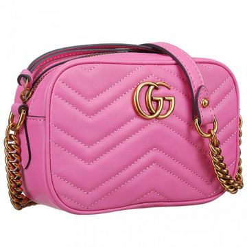 Gucci GG Marmont Matelasse Chain-Leather Strap Logo Buckle Cute Pink Leather Zipper Bag For Girls 