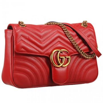 Gucci Medium GG Marmomt Matelasse Chain-Leather Strap Ladies Red Leather Flap Bag With Brass Hardware 