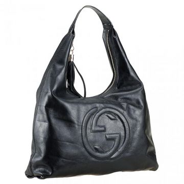Hot Selling Gucci Soho Tassel Trimming Zipper Large GG Logo Female Black Leather Shoulder Bag Replica