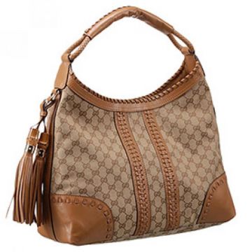 Gucci Tan Leather Trimming Top Handle Ladies Canvas Tassels Hobo Bag For Sale Online