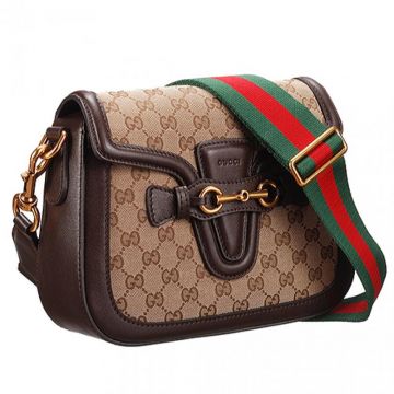 High End Gucci Lady Web GG Brass Hardware Brown Leather & Monogram Canvas Shoulder Bag Small Replica 