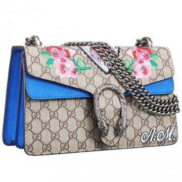 Gucci Dionysus Blooms Jacquard Blue Suede & GG Supreme Canvas Ladies Chain Handbag With Two Compartments