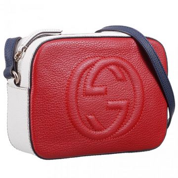 Latest Gucci Soho Hibiscus GG Logo Blue Strap Ladies Red & White Leather Patchwork Shoulder Bag