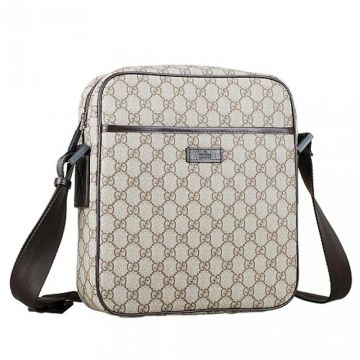 Hot Selling Gucci Canvas Overall Beige Leather Detail Small Zipper Messenger Bag With Open Flat Pocket 