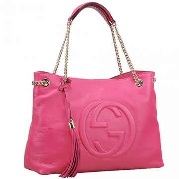 Best Gucci Large GG Logo Double Silver Chain Shoulder Strap Womens Bright Pink Shoulder Bag