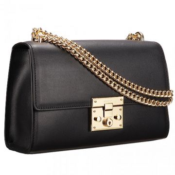 Most Fashion Gucci Padlock Yellow Gold Plated Hardware Double Chain Straps Black Leather Ladies Handbag