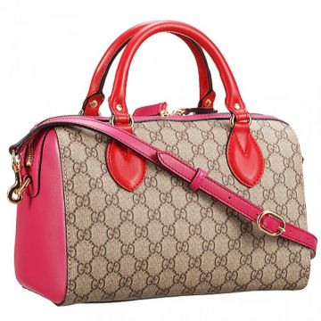 Gucci Supreme Canvas Red Handle Fuchsia Side Face Double Zipper Shoulder Boston Bag Sale USA