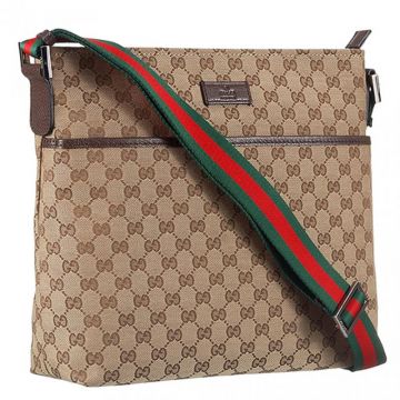 Gucci Web Band Brown Leather Trimming Red & Green Web Detail Canvas Messenger Bag For Mens / Womens 
