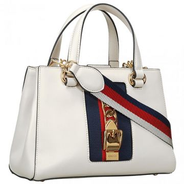 Gucci Sylvie White Leather Top Handle Bag Wide Shoulder Strap Gold-plated Belt-shaped Trim