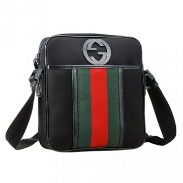 Unisex Gucci Large Logo Trimming Red-Green Web Detail Black Canvas Fake Zipper Shoulder Bag Price USA