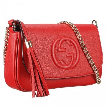 Gucci Soho Large Womens Red Litchi Leather Link Chain Strap Double G Logo Fashion Tassel Bag  