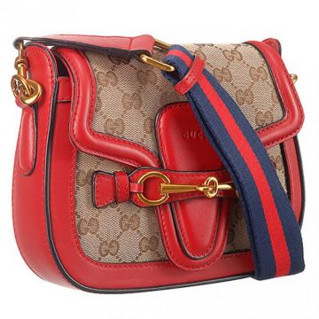 Good Reviews Gucci Lady Web GG Brass Buckle Red Leather & Canvas Crossbody Bag Small For Womens 
