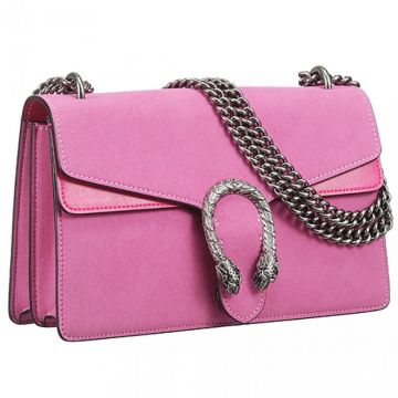 Gucci Dionysus GG Pink Suede Leather Flip-over Flap Chain Handbag With Tiger Head Buckle New