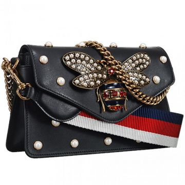 Hot Selling Gucci Broadway Bee Buckle Web Canvas Strap Black Leather Pearl Studs Flap Bag 453778 DVUDT 1096