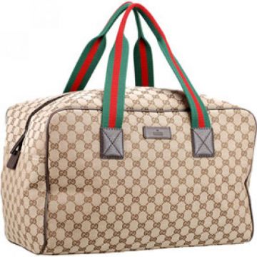 Gucci Medium Carry On Duffle Beige Monogram Canvas Bag Red & Green Handle Zipper Closure Sale Men & Women