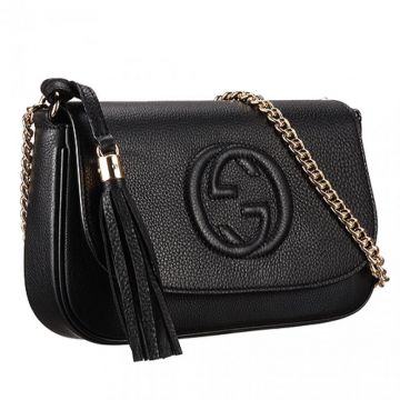 Best Gucci Soho Logo Symbol Link Chain Shoulder Strap Black Grained Leather Shoulder Bag For Womens 