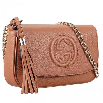 AAA Quality Gucci Soho Fringed Trimming GG Logo Ladies Cowhide Leather Crossbody Bag Brown In Italy 