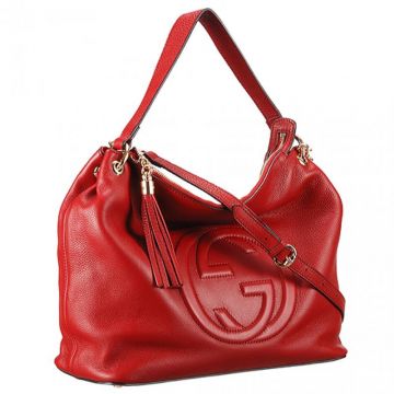 2018 Latest Soho Polished Brass Zipper Top GG Logo Detail Ladies Red Top Handle Leather Handbag