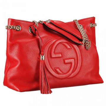 High Quality Gucci Soho Tassel Trim Double G Logo Female Red Leather Double Chain Handbag 