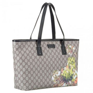 Latest Gucci Supreme Canvas Blooms Green Printing Ladies Black Leather Detail Tote Bag Replica 