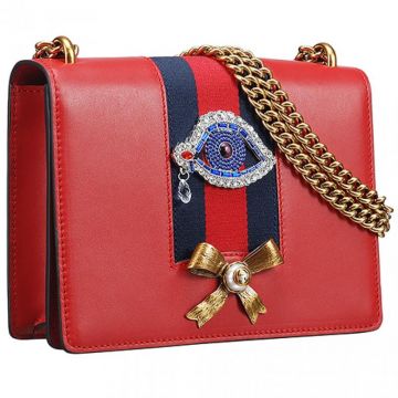 Gucci Peony Rhinestone Applique Brass Bow Tie Buckle Red Leather Web Detail Flap Bag For Girls