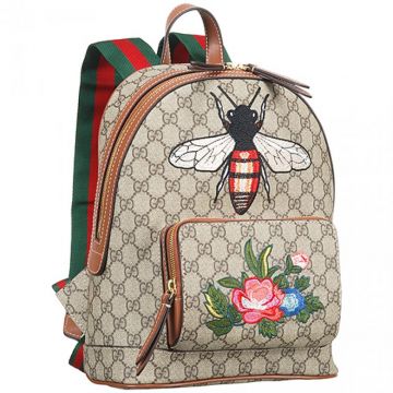 Gucci Garden Souvenir Brown Canvas Backpack Bee And Flower Motif Front Zipper Pocket Thailand Women 
