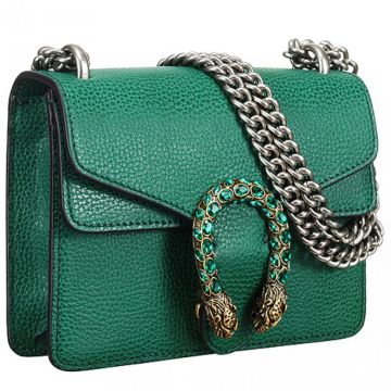 Gucci Dionysus Green Leather Mini Bag Double Chain Tiger Head Flap Closure With Crystals Luxurious