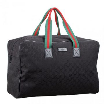Phony Gucci Large Carry On Duffle Black Monogram Canvas Bag Green & Red Stripe Top Handle Unisex
