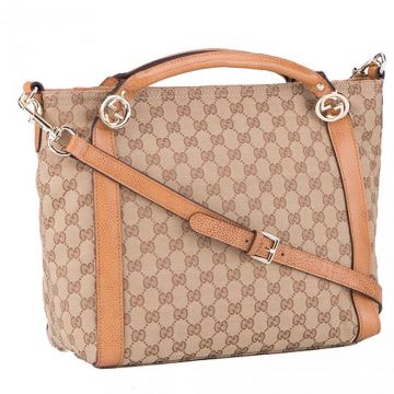 Gucci Miss GG Light Gold Logo Buckle Rounded Top Handles Beige Leather Trimming Ladies Canvas Handbag