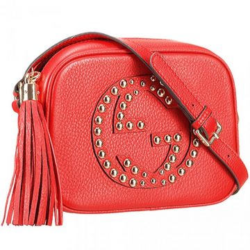 Gucci Soho Disco Good Reviews Silver Studs Trimming Large GG Logo Lady Red Leather Tassel Bag