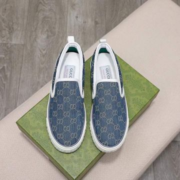 Celebrity Same Gucci Tennis 1977 GG Supreme Printing Men Slip-on Sneakers Fashion Blue Canvas Loafers 643489 2KQ20 4465