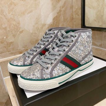 2022 New Gucci Tennis 1977 Women High-top Red & Green Web Detail Silver Paillette Lace-up Sneakers