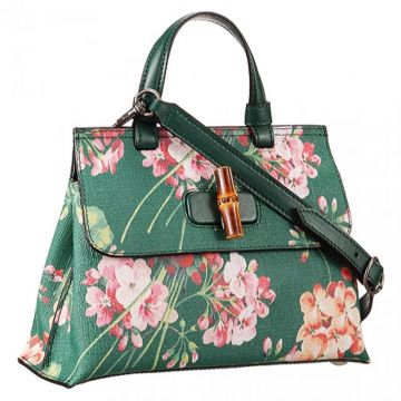 Gucci Bamboo Daily Katie Holmes Flowers Printing Narrow Top Green Leather Flap Shoulder Bag 