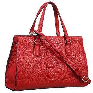 Gucci Red Leather GG Logo Top Handle Soho Bag Zip Closure Fashion Party