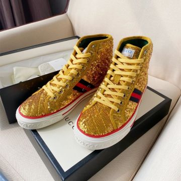 Fashion Gucci Tennis 1977 Red & Blue Web Female Lace-up Gold Paillette High-top Sneakers For Sale 