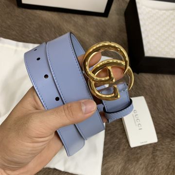 Best Gucci Chic Double G Shiny Buckle Female Light Blue 3CM Strap High End Leather Waist Belt Price List