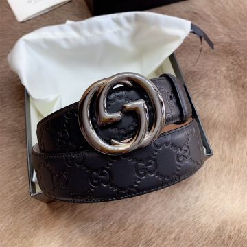 Best Price Gucci Classic Interlocking Double GG Pin Buckle Black Signature Leather 4cm Belt For Men/Women