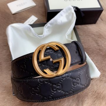Best Gucci Black Signature Leather 4cm Strap Logo Pattern Detail Unisex Double GG Fale Belt For Sale