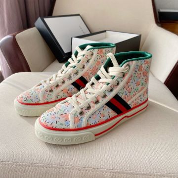 Spring/Fall Gucci Tennis 1977 High Top Lace Up Colorful Flower Women White Canvas  Web Sneakers