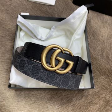 Celebrity Same Gucci Interlocking  Doule G Buckle Grey GG Supreme Black Canvas & Leather 3CM Belt For Men/Women