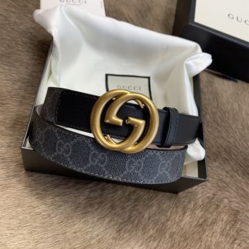 High End Gucci Black/Grey GG Supreme Canvas & Leather 4cm Strap Unisex Double G Buckle Marmont Belt Replica