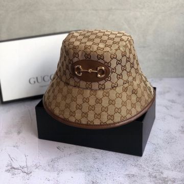 Hot Selling Gucci Shiny Gold Horsebit Detail Brown/Black Leather Trim GG Pattern Beige /Black Canvas Bucket Hat For Men/Women