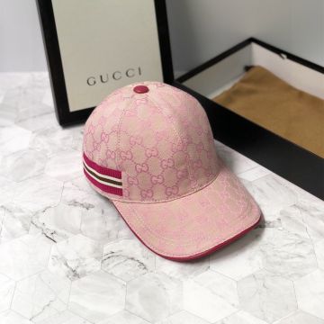 2022 Swwt`Gucci Fuchsia Leather Detail GG Supreme Women Pink/White Canvas Web Caps Fashion Baseball Hat 