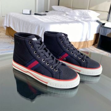 2022 Latest Gucci Tennis 1977 Male Black Cotton Blue/Red Web High Top Lace-up Sneakers Price List 