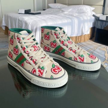 Popular Gucci Tennis 1977 Apple Shaped GG Printing Red/Green Web Detail Women Beige Canvas High Top Shoes