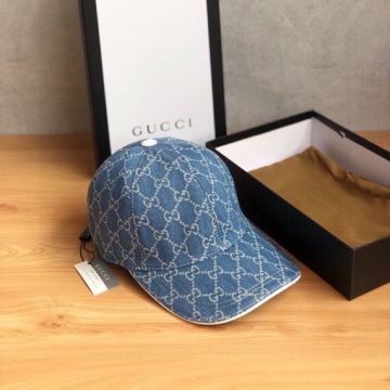 2022 Fashion Gucci Double G Supreme Design Leather Trim Men & Women Fabric Cricket Cap Black/Denim Blue 